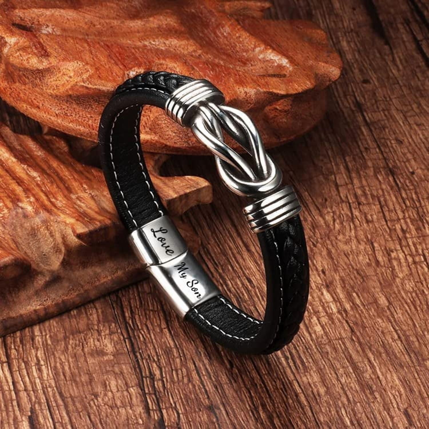Mother and Son Forever Linked Together Braided Leather Bracelet, to My Son Stainless Steel Interlocking Inspirational Wristband Gift Jewelry for Son from Mom Dad