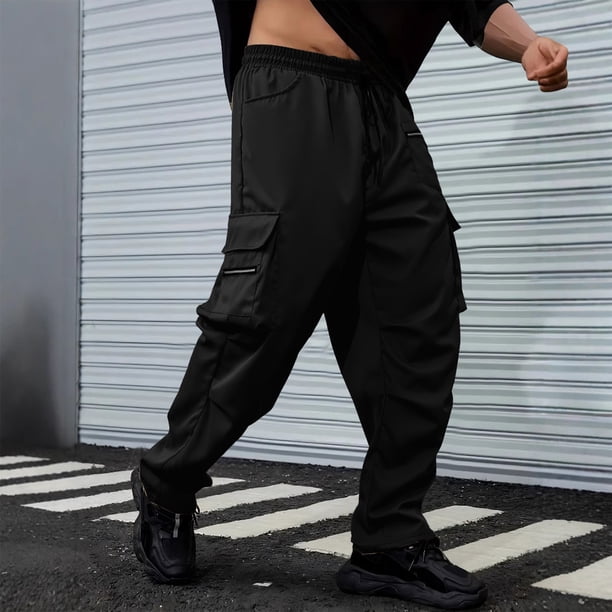 Pantalones largos para hombre, casuales, de moda, de color sólido, con cordón, cintura elástica y bolsillos.