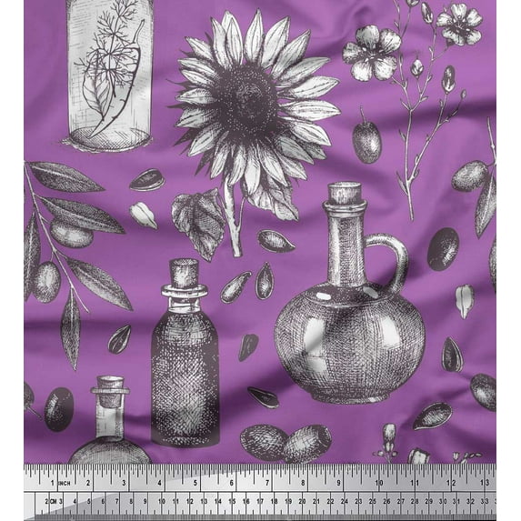 Soimoi polyester Crepe Fabric Sunflower & Jar Vintage Print Fabric by the Yard 42 Inch Wide
