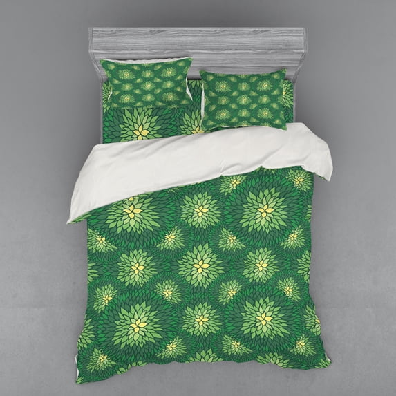 Floral Duvet Cover Set, Sketchy Doodle Outline Ornamental Pattern in Green and Yellow Shades, Bedding Set with Shams and Fitted Sheet, 3 Sizes, by Ambesonne