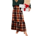thumbnail image 5 of Women Plaid Print Maxi Skirt Elastic Waist Long Skirt Casual Loose Fit Tiered Design Comfortable Style Orange S, 5 of 6