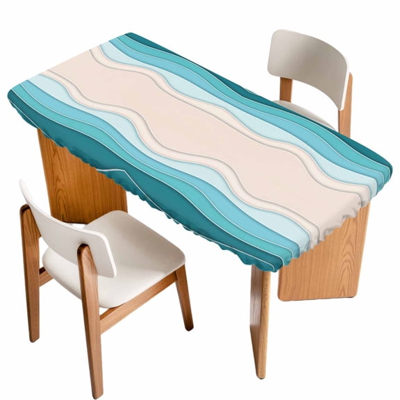 Blue Stripes Table Cloths for 4 Foot Rectangle Tables, Modern Gradient Abstract Striped Lines Patio Waterproof Elastic Fitted Tablecloths, Washable Rectangular Table Cover for Camping