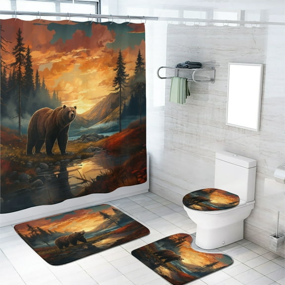 Bear Shower Curtain Sets with Rugs 4 Piece Rustic Cabin Lodge Forest Sunset Lake Farmhouse Safari Hunting Theme Bath Curtain for Bathroom Waterproof Fabric Bathroom Decor Set, 72x72 Inch