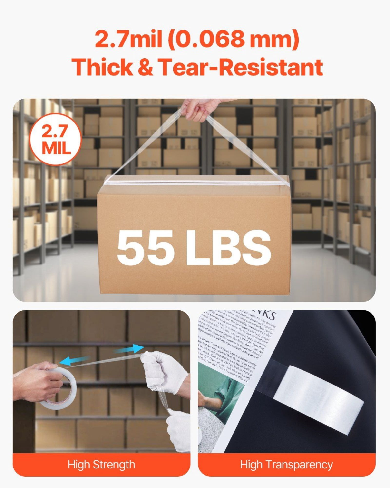 Heavy Duty Clear Packing Tape - 18 Rolls, 65 Yards Per Roll (2.7 Mil Thick) - Strong Adhesive Shipping Tape for Boxes, Moving & Packaging - Crystal Clear, Weather Resistant