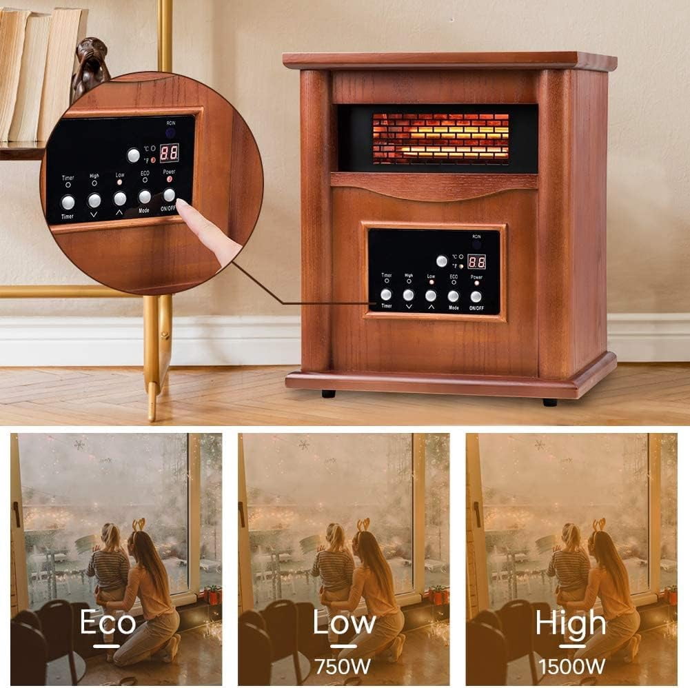 Nordic Hygge 1500-Watt Portable Wood Electric Quartz Space Heater with Remote Control Thermostat Energy Efficient for Inside Use