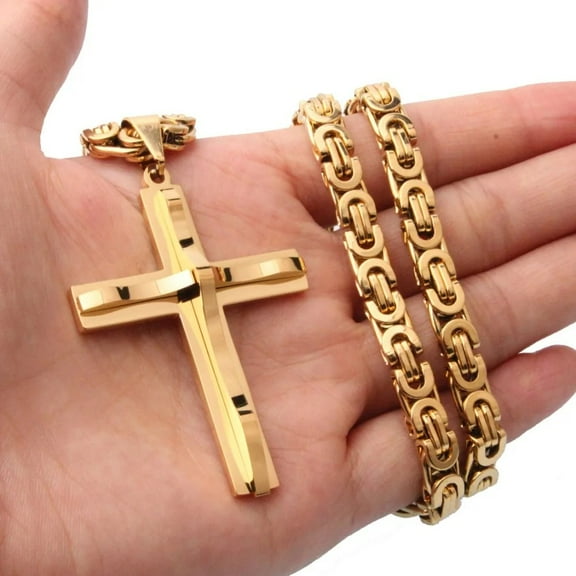 Hot Selling 14K Yellow Gold Cross Necklaces Crucifix Pendant & Necklace for men Vintage Men 5mm Byzantine Chain