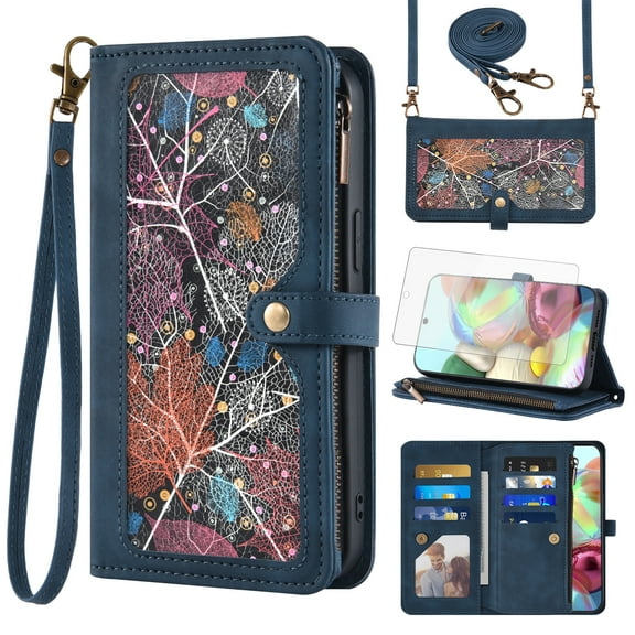 Asuwish Phone Case for Samsung Galaxy A71 4G Wallet Cover With Tempered Glass Screen Protector Crossbody Wrist Strap Flip Pattern Zipper Credit Card Holder Stand Cell A 71 71A S71 A715F Women Blue