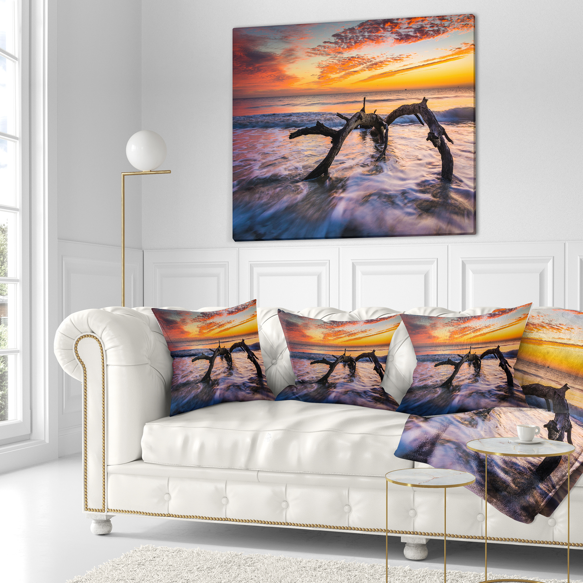 Designart Tree and Waves in the Atlantic Ocean - Seascape Throw Pillow - 18x18