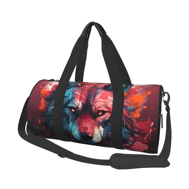 Balery Red Flame Wolf Head Bolsa de Gimnasio para Mujeres y Hombres, Bolsa de Viaje Impermeable, Bolsa de Fin de Semana con Compartimento para Zapatos y Bolsillo Húmedo