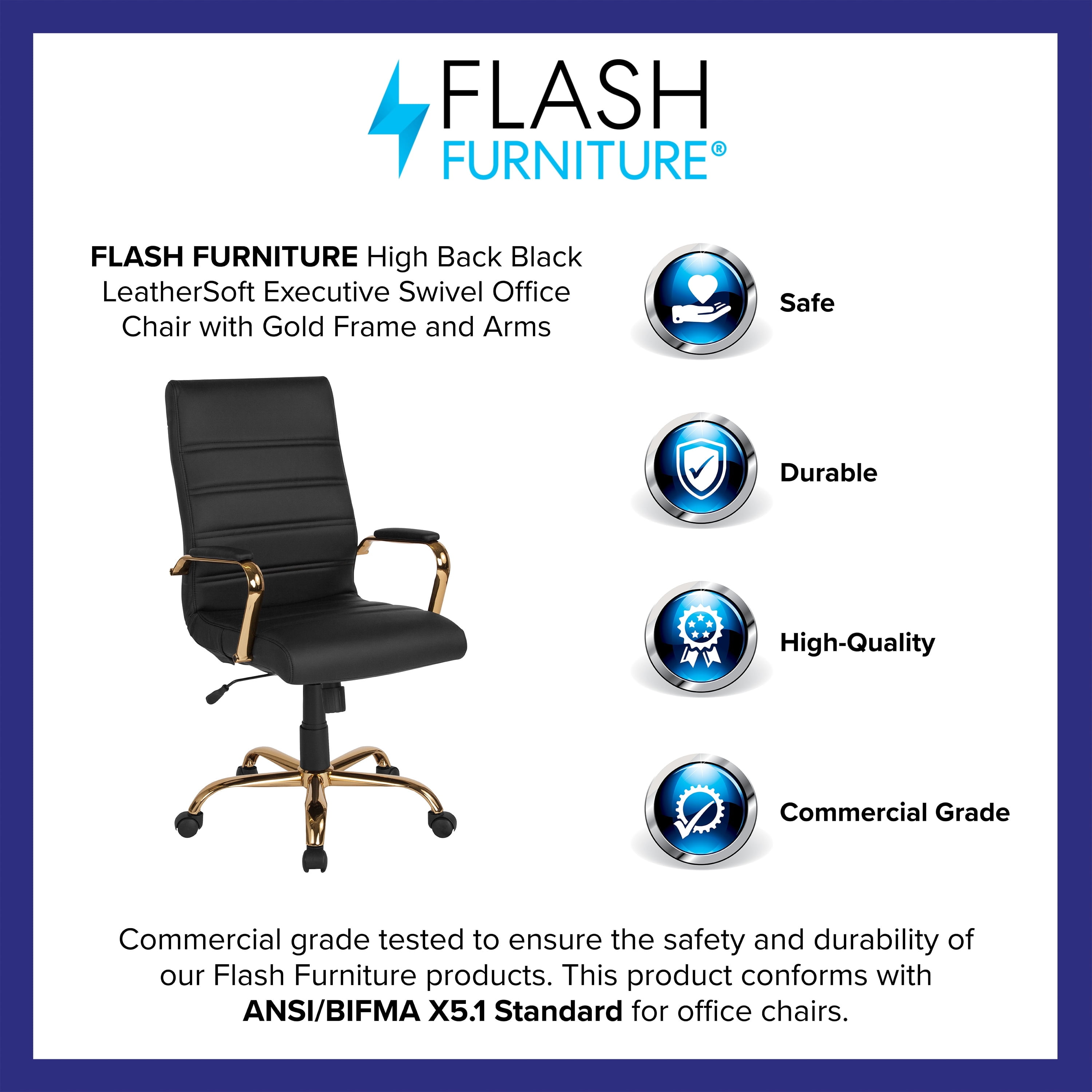 Emma + Oliver High Back Black LeatherSoft Executive Swivel Office Chair with Gold Frame/Arms