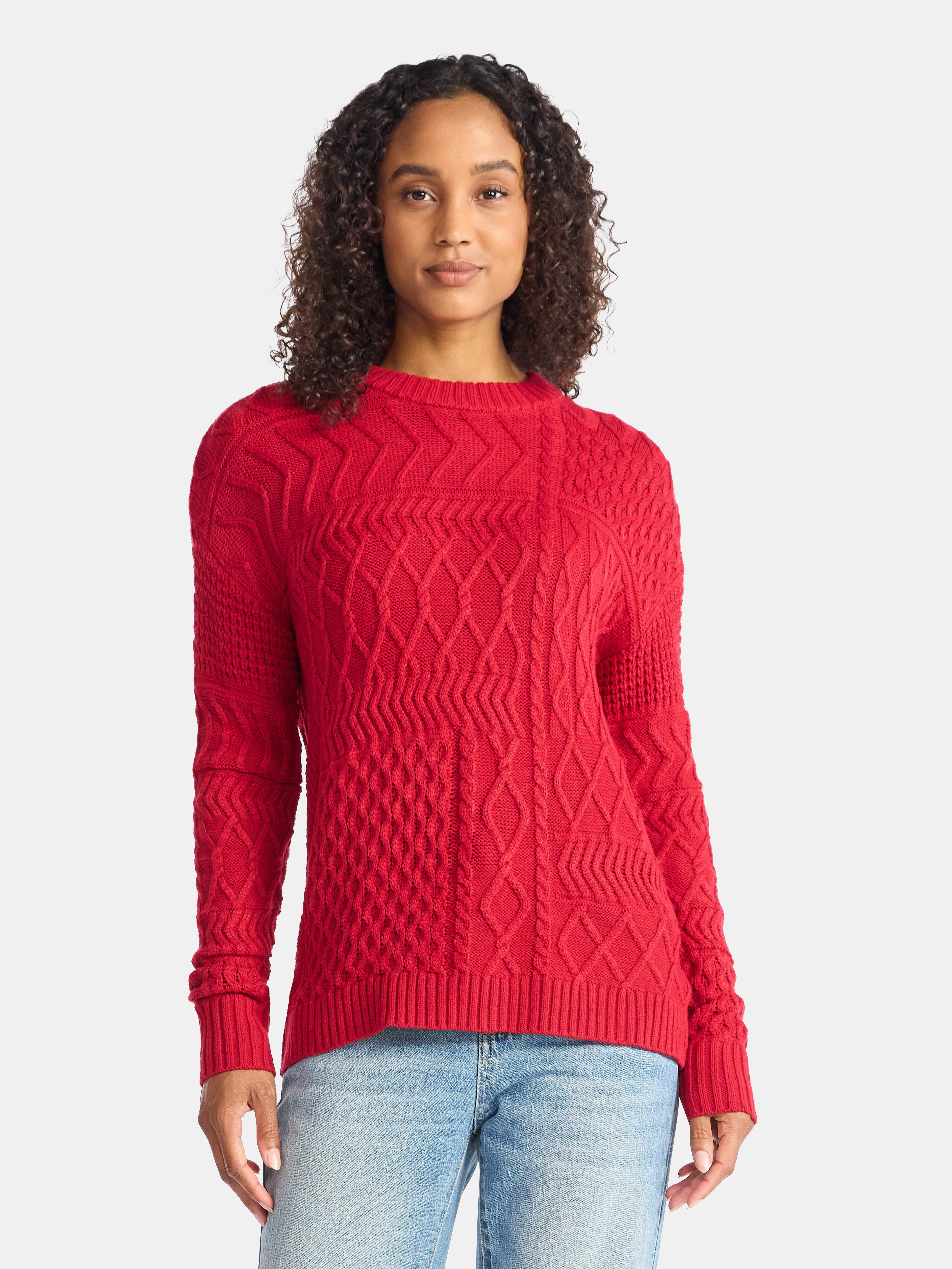 Time and Tru Women’s and Women’s Plus Mixed Stitch Sweater, Midweight, Sizes XS-4X