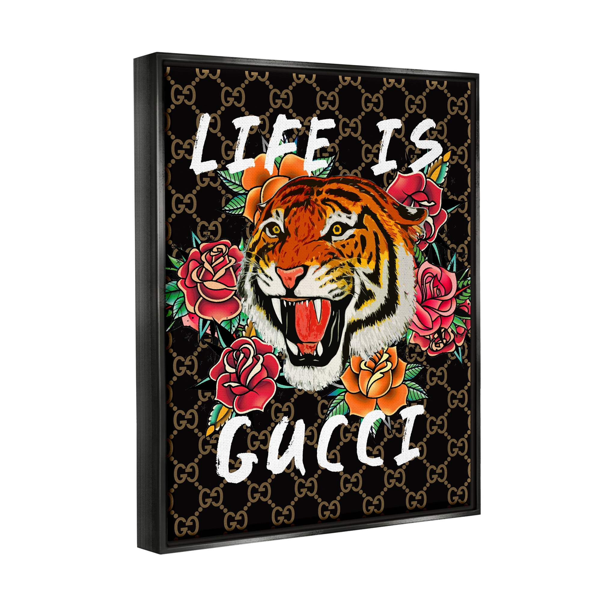 Stupell Industries Glam Tiger & Roses Animals & Insects Painting Black Floater Framed Art Print Wall Art, 25 x 31