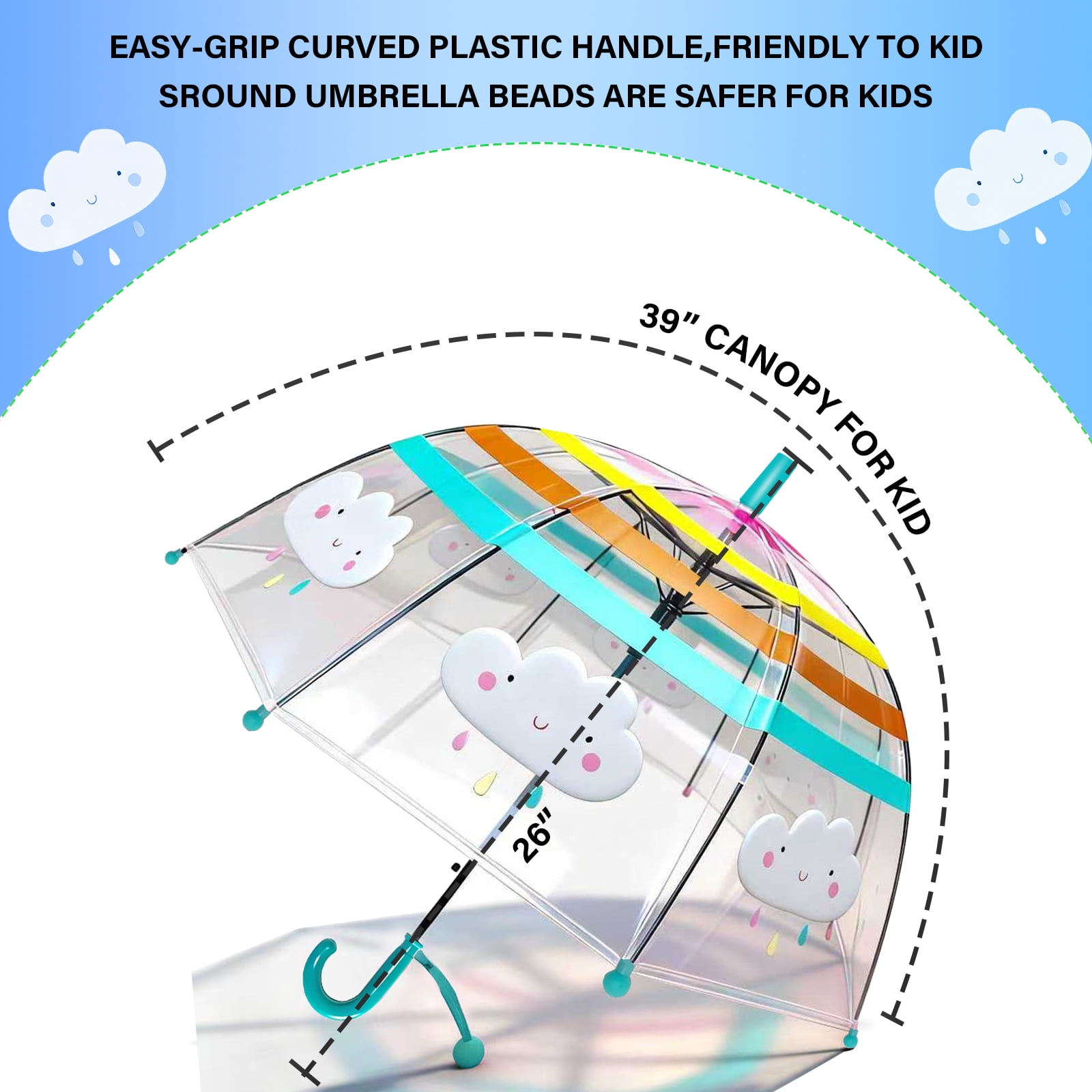 2 Pcs Kids Clear Bubble Umbrella, Unicorn Pattern with Easy Grip Curved Handle, Safe Transparent Umbrella for Toddler Girls