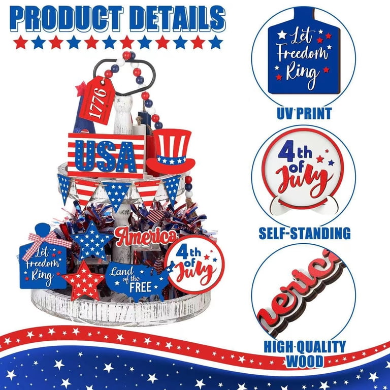 Holloyiver 15 Pcs 4th of July Tiered Tray Decor, Blue White Red