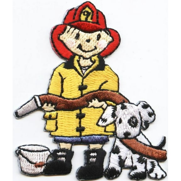 Fire Fighter - Boy with Dog - Iron on Applique/Embroidered Patch