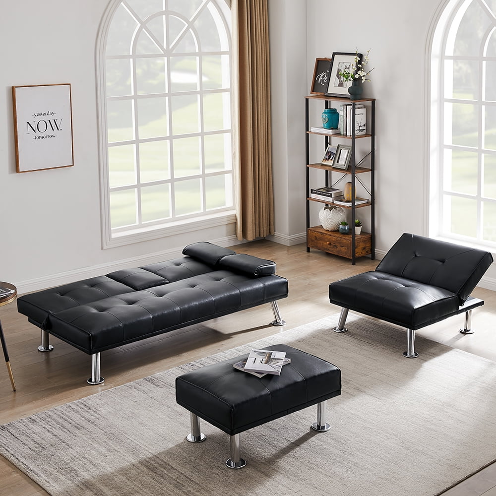 Lowestbest Futon Sofa Bed, Modern Leather Couch Convertible Folding Sofabed with Ottoman, 3 Pcs for 1 Sets, Black Lowestbest Futon Sofa Bed, Modern Leather Couch Convertible Folding Sofabed with Ottoman, 3 Pcs for 1 Sets, Black