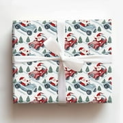 Santa Claus Driving Vintage Red and Blue Race Cars Christmas Gift Wrapping Paper