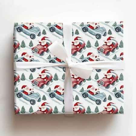Santa Claus Driving Vintage Red and Blue Race Cars Christmas Gift Wrapping Paper