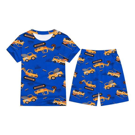 Bysome Boys Outfit Set Cartoon Excavator Print Short Sleeve Crew Neck T-Shirts With Shorts Set Comfortable Boys Outfit Size 2-3 Years Blue