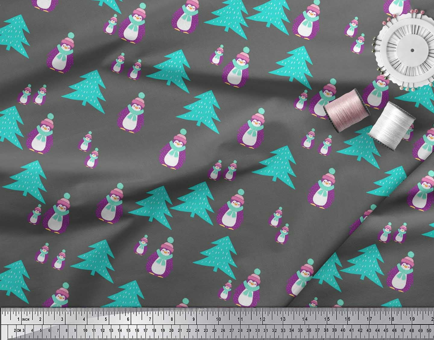 Soimoi Gray Silk Fabric Snowman & Tree Christmas Print Sewing Fabric Yard 42 Inch Wide