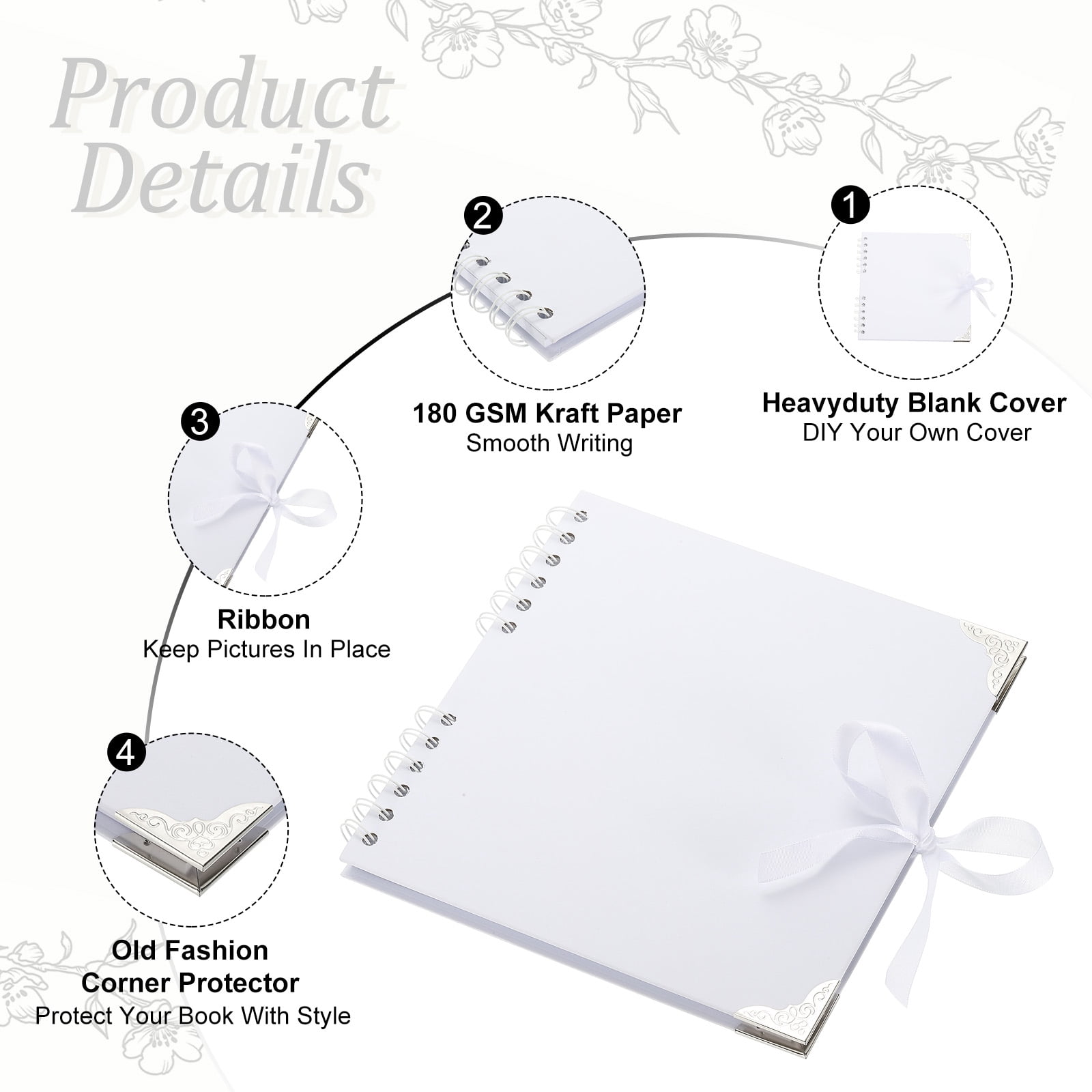 Uxcell Scrapbook Photo Albums, 8x8 Inch 60 Pages with Ribbon Protector, White, 1 Pcs