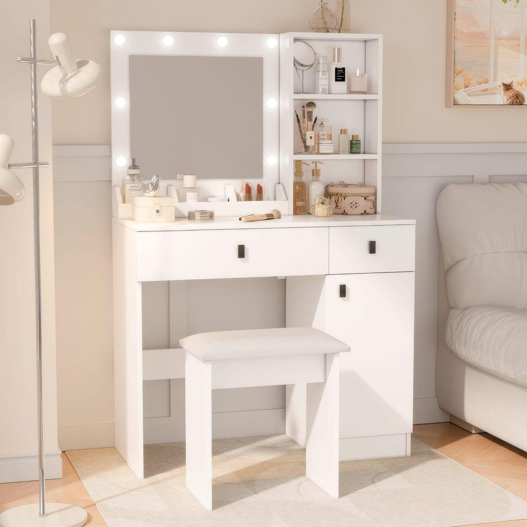 Jopath Makeup Vanity Set with Mirror & Lights,Makeup Vanity Desk with Large Drawers & 3 Storage Dreeser for Bedroom,White