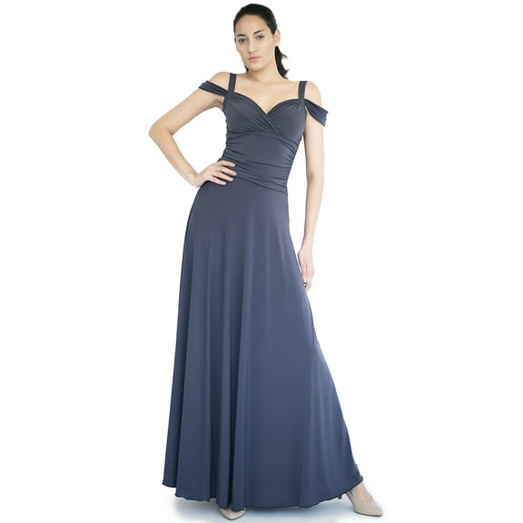 Evanese Women's Elegant Slip On Long Charcoal Formal Dress with Shoulder bands