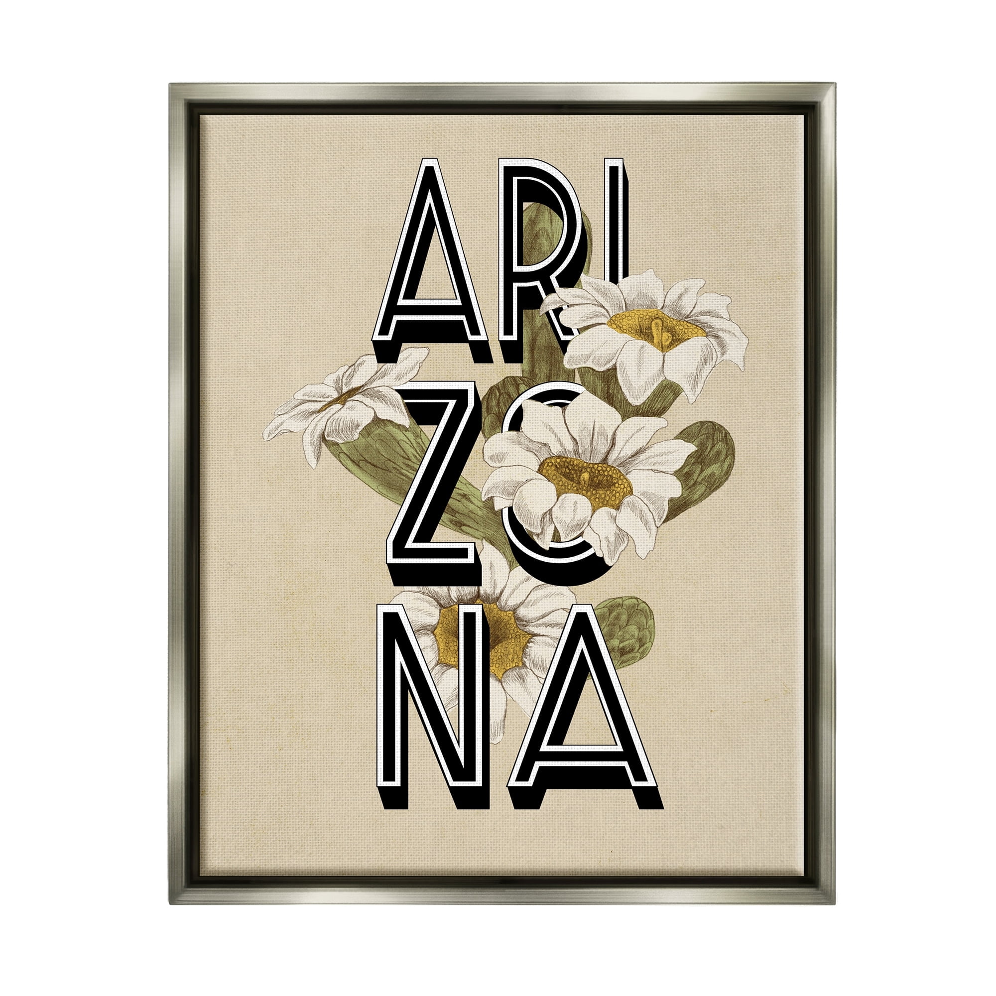 Stupell Industries Arizona State Flower Saguaro Blossom Typography Design Graphic Art Luster Gray Floating Framed Canvas Print Wall Art, Design by Daphne Polselli