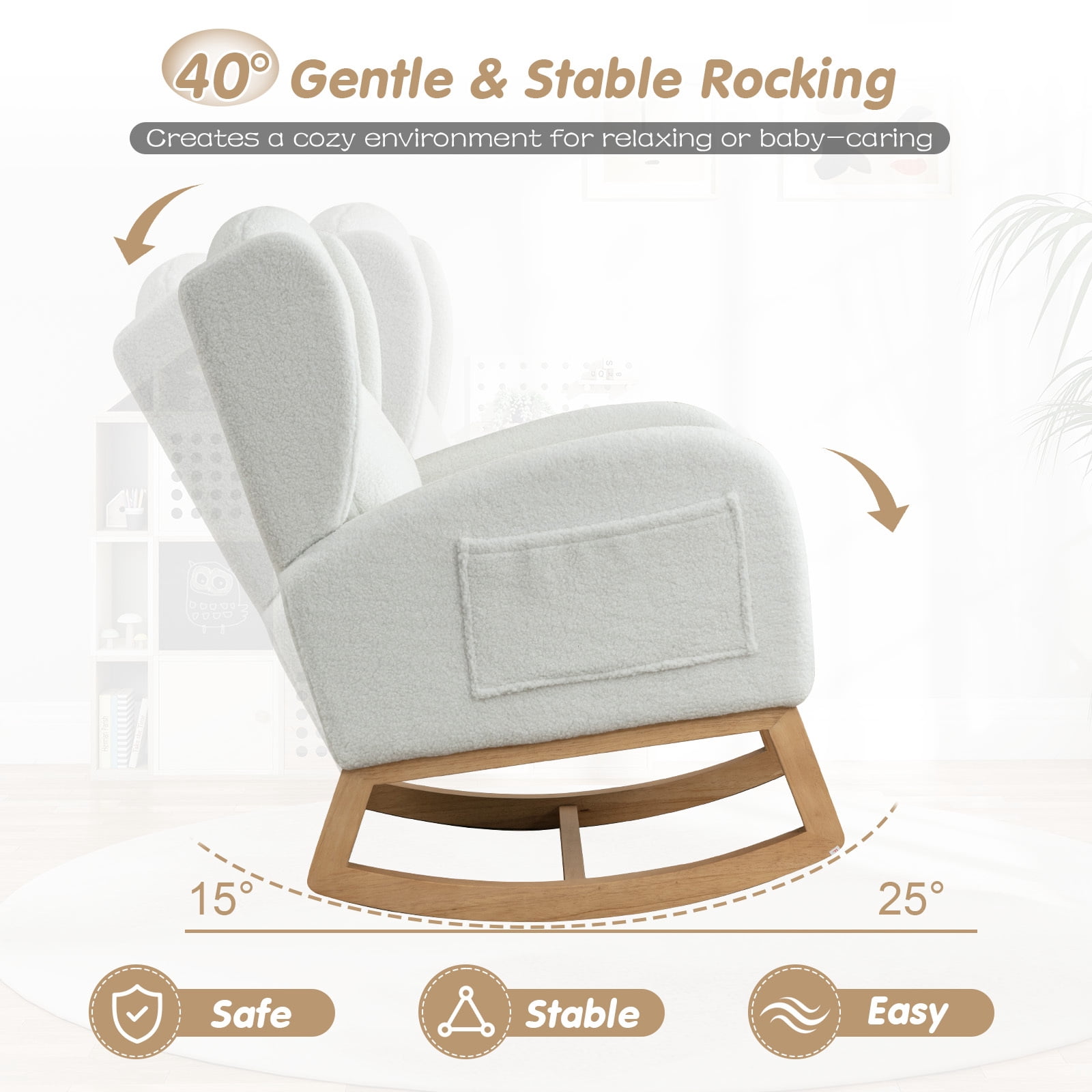 Lunale Indoor Rocking Chair, Upholstered Accent Rocker Chair with Wood Legs, Ivory Teddy