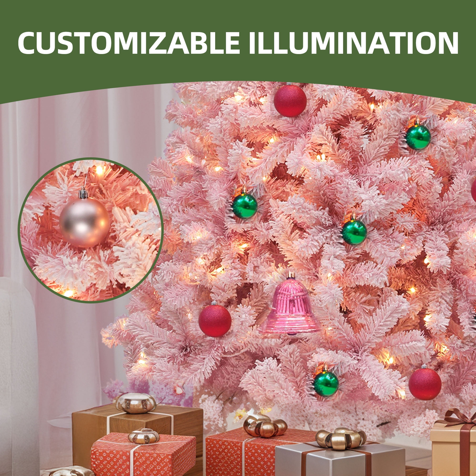 Uforic 6ft Pre-Lit Pink Artificial Christmas Tree, Flocked Spruce Artificial Christmas Tree with 928 PVC Tips and 250 Lights, Pink