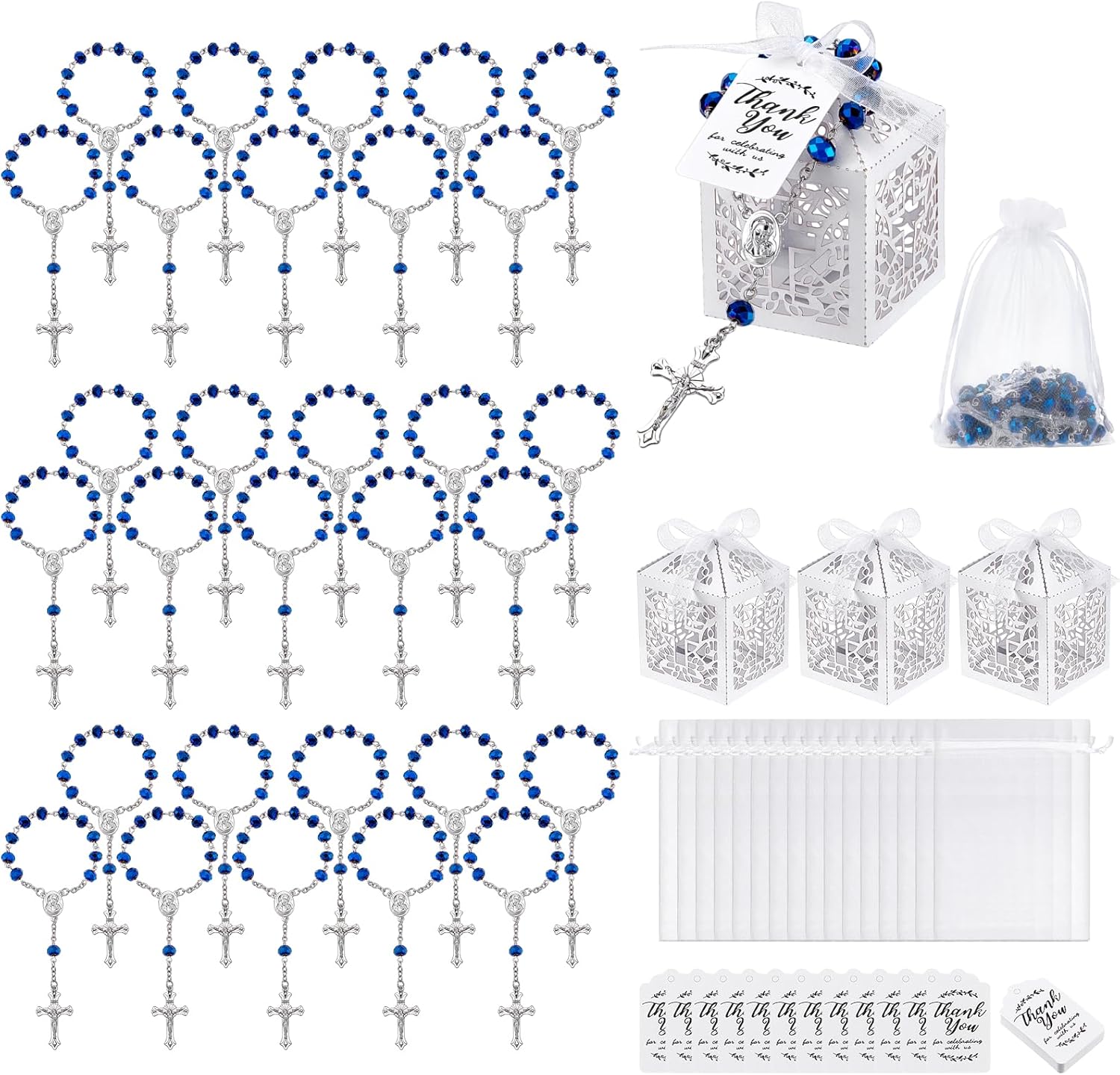 120PCS Baptism Favors Set Including 30 Mini Rosary Baptism Favors 30 Hollow Gift Boxes 30 Organza Bags 30 Thank You Tags