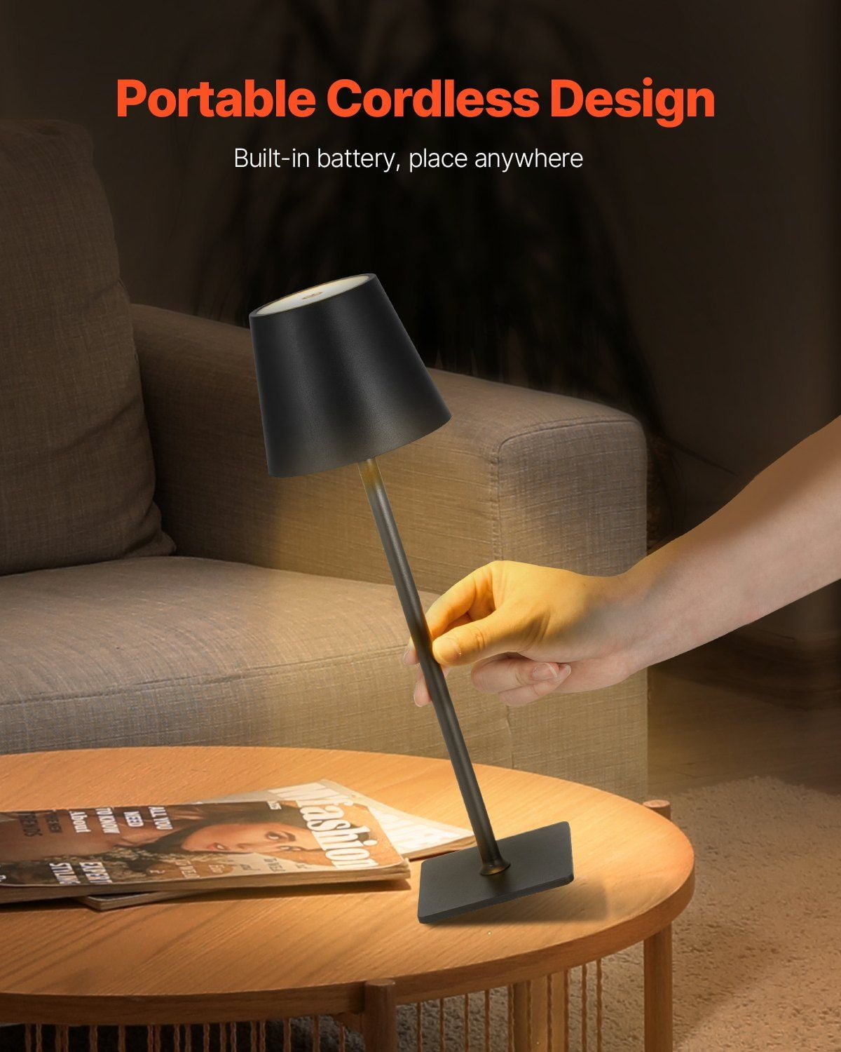2-Pack Cordless Table Lamps - 5200mAh Rechargeable Battery Operated Desk Lamps, Portable Nightstand Lighting, Black, Adjustable Brightness, USB Charging, for Bedroom, Living Room, Office - Walmart