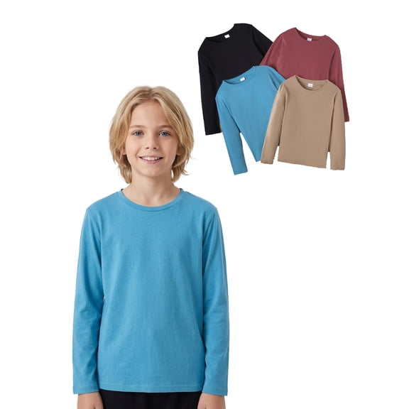 PureChapter Boys T Shirts 4 Pack Boys Solid Color Long Sleeve Crewneck Casual Cotton Tees