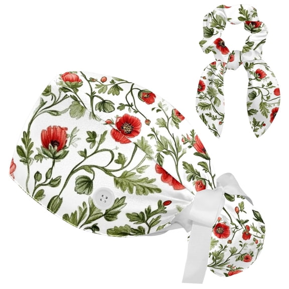 RATGDN Elegant Red Poppies Tie Scrub Cap for Women Men, Nursing Hats with Buttons and Sweatband, Adjustable Elastic Working Caps Surgical Cap with Hair Bow - One Size Fits All