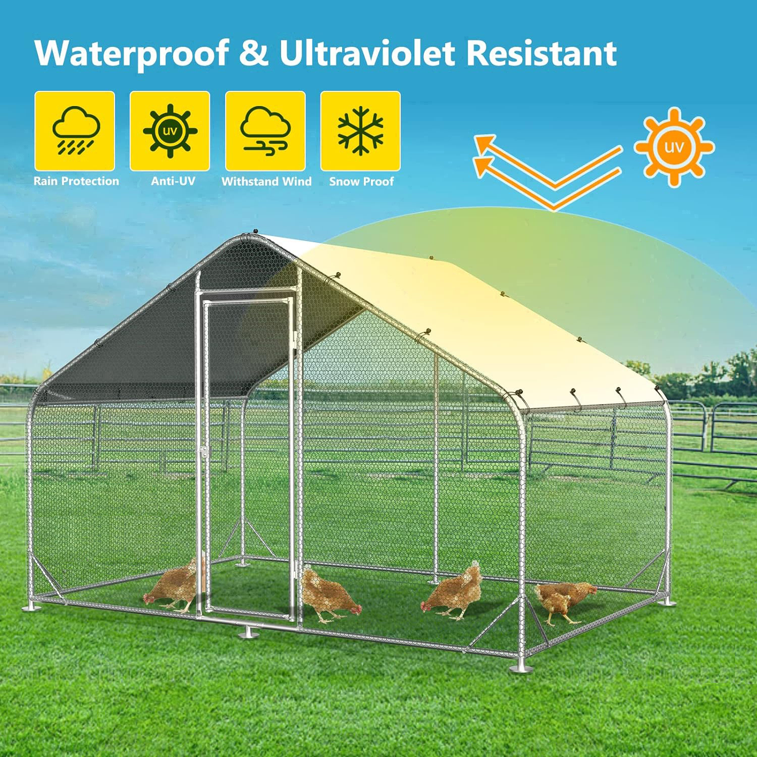 Large Metal Chicken Coops, Outdoor Duck Walk-in Run Poultry Cage, Hen House Yard Habitat Cage with Waterproof Cover Spire Shaped Coop, 9.8' L x 6.6' W x 6.6' H - image 4 of 4