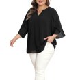 thumbnail image 4 of Agnes Orinda Women's Plus Size Chiffon Tops Notch V Neck 3/4 Tulip Sleeve Pleated Front Dressy Casual Summer Blouses 3X Black, 4 of 6