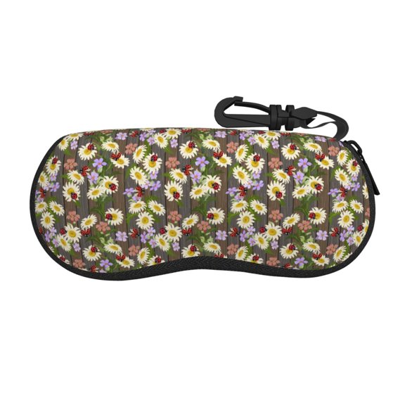 Honeii Ladybugs And Flowers On A Wooden Print Neoprene Glasses Case,Spacious for Sunglasses and Eyeglasses,Zipper Eyeglass Case With Belt Clip