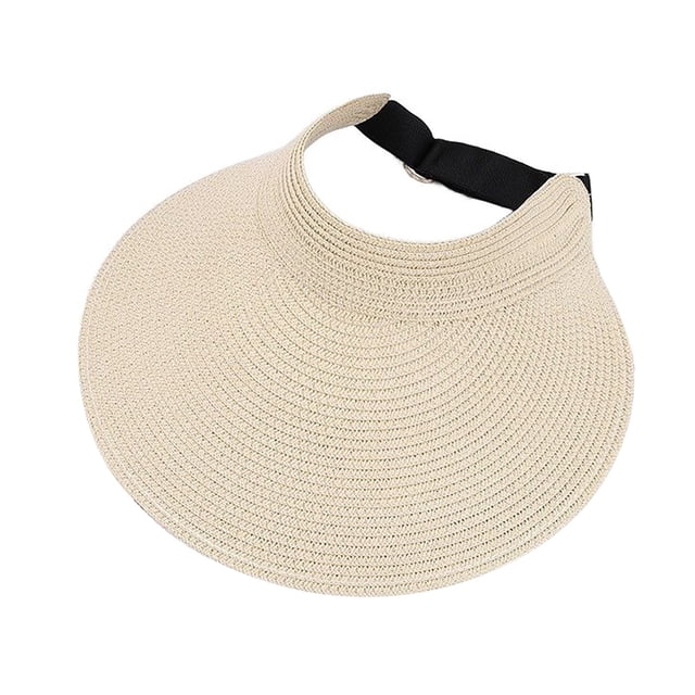 WEIYLL Womens Sun Hat Straw Sunscreen Empty Top Solid Color Large Brim Beige Beach Caps