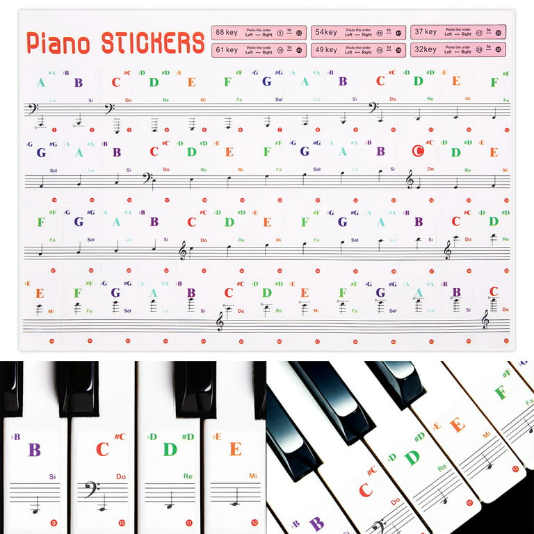 Piano Stickers for Keys Removable for Kids, Color Piano Keyboard Stickers  88/61/54/49/37 Key for Beginners with Bigger Letters, Transparent Note