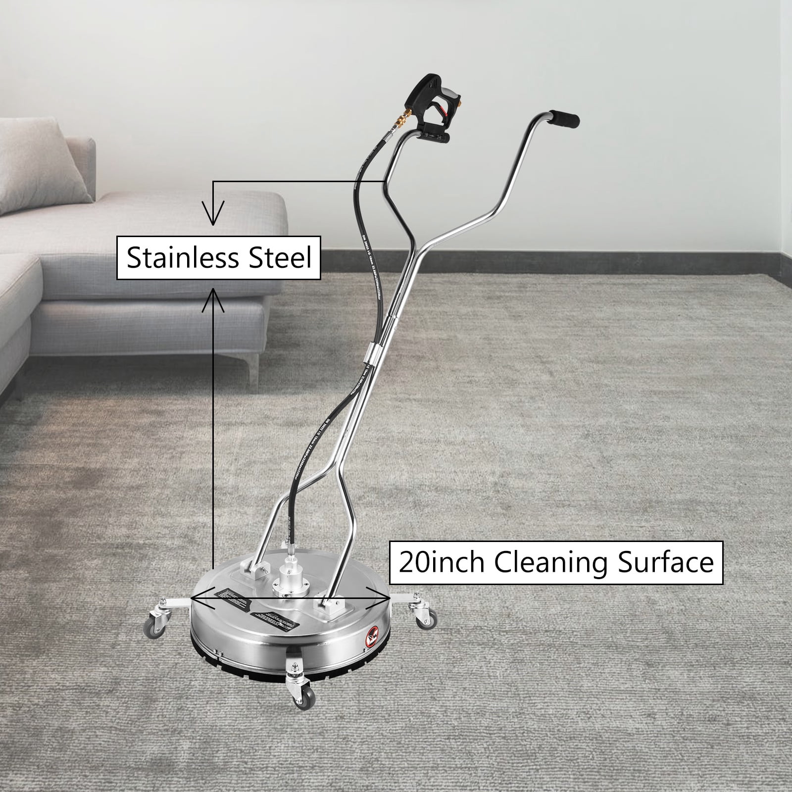 VEVOR Surface Cleaner 20 inch Flat Surface Cleaner for Pressure Washer 4000psi Pressure with 3/8 Quick Connector Surface Cleaner W/Casters 10.5GPM Stainless Steel Rotating Rod & 3 Nozzle for Patio