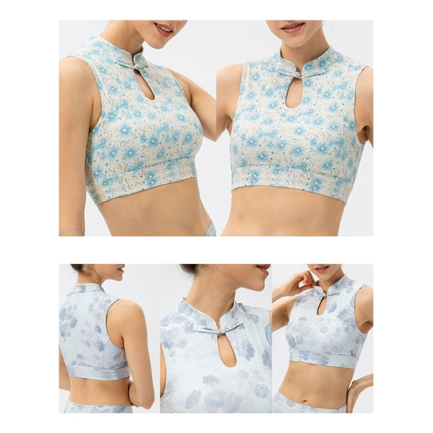 Women Yoga Bra Vintage Stand Collar Button Printed Wirefree Bras Workout  Jogging Casual Vest