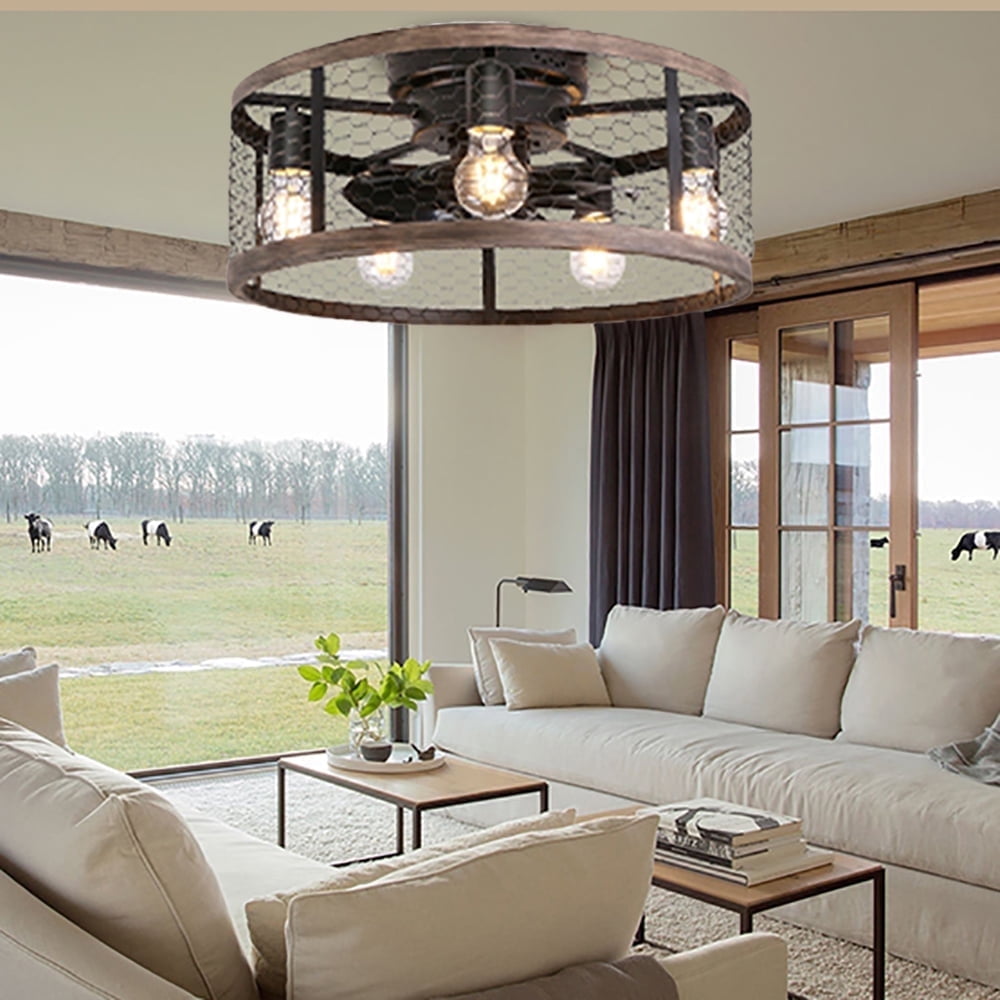 Ohniyou 20 Flush Mount Caged Ceiling Fan With Lights – Farmhouse Vintage, Remote Control, 6 Speeds, Reversible
