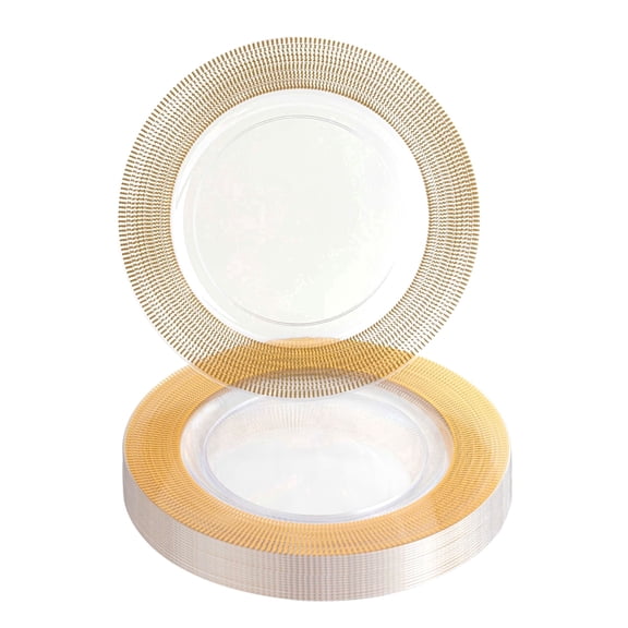 Impresserve 13 Inch Clear Charger Plates with Gold Textured Rim, Disposable Plastic Charger Plates for Events and Dining, 16 Count