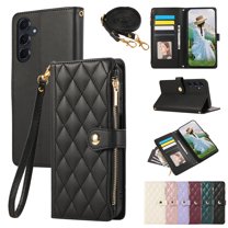 for Samsung Galaxy S24 FE Wallet Case with Zipper Pocket Card Holder & Crossbody Lanyard Strap & Wrist Strap, Flip Stand PU Leather Magnetic Folio Purse Case for Galaxy S24 Plus, Black