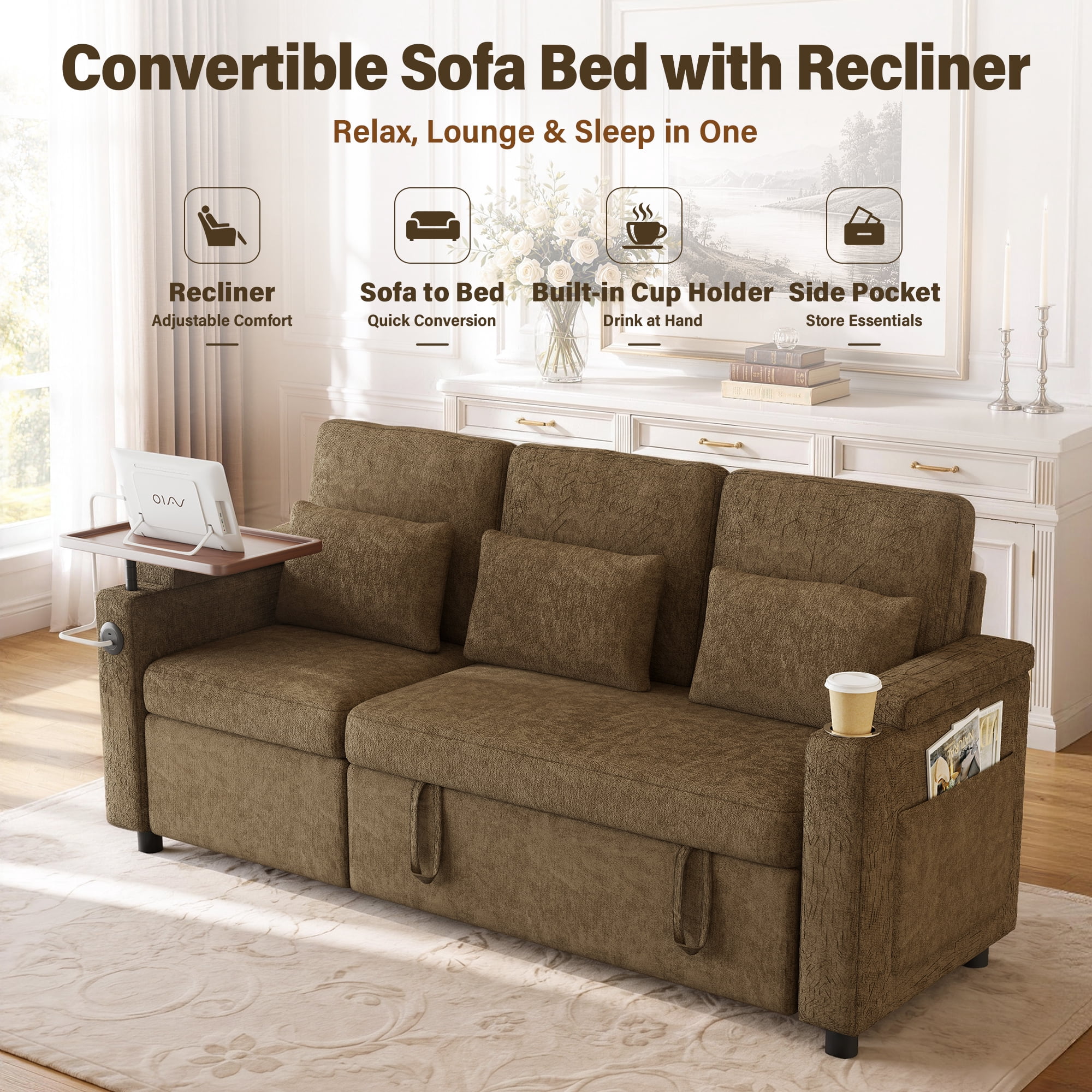 Aukfa 81" Convertible Sleeper Sofa,Chenille 3-in-1 Sofa Bed with Recliner,Center Table,USB Ports & Storage Armrests,Khaki