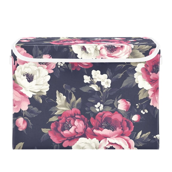 Vintage Pink and White Flowers Large Storage Bins with Linen Collapsible Lid Storage Box 16.7 x 12.6 x 11.8in