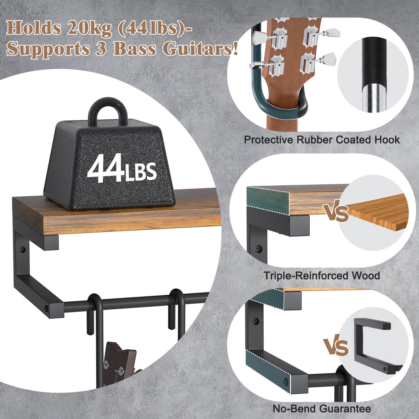Olakee Guitar Wall Hangers with Mounting Kit — Dual-Twist Hook, Heavy-Duty Steel & Wood Shelf, 3-in-1 Display System, 44lb Capacity