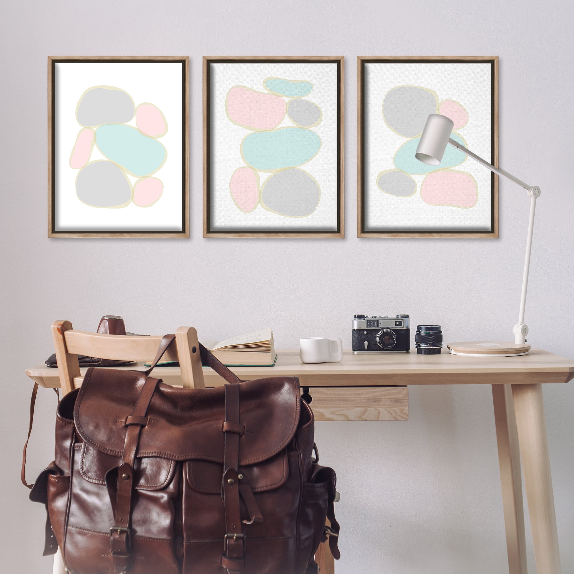 Stupell Industries Pastel Stones on White Abstract Painting Brown Floater Framed Canvas Art Print Wall Art, 21 x 31, Set of 3
