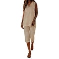 thumbnail image 2 of Cozy Sets for Women Clothing Women's Two Piece Capris Set Sleeveless Collared Tank Tops with Long Shorts Soft Breathable Beach Travel Outfits for Casual Summer Khaki XL, 2 of 9