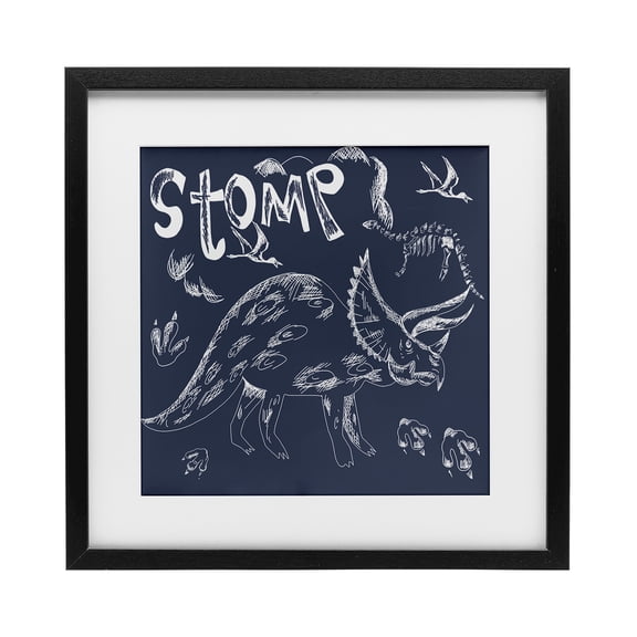 Sketchy Stomp Dinosaur Black Framed Print Under Glass, design by HUE and MI and Sangita